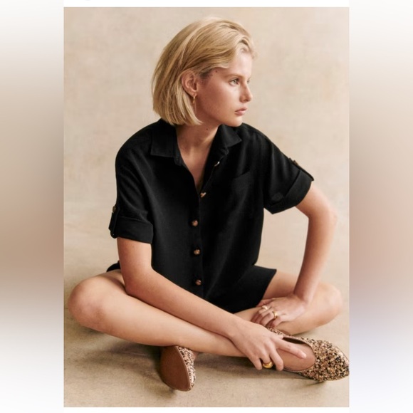 Women’s Short Sleeve Black Button Down Shirt - Picture 1 of 3